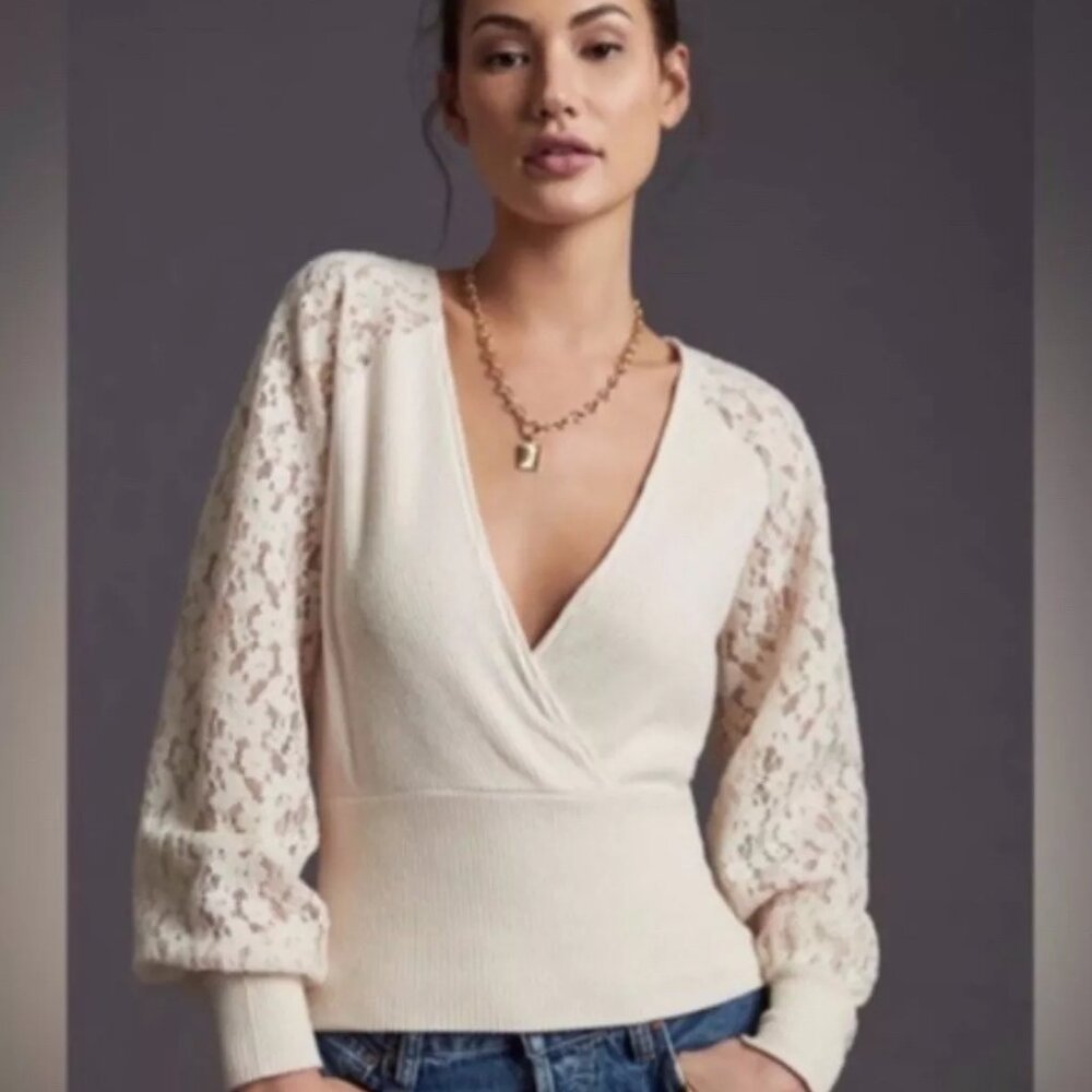 Anthropologie Lace Sleeve Ribbed Knit Surplice Cocktail Top Cream Wrap Sweater